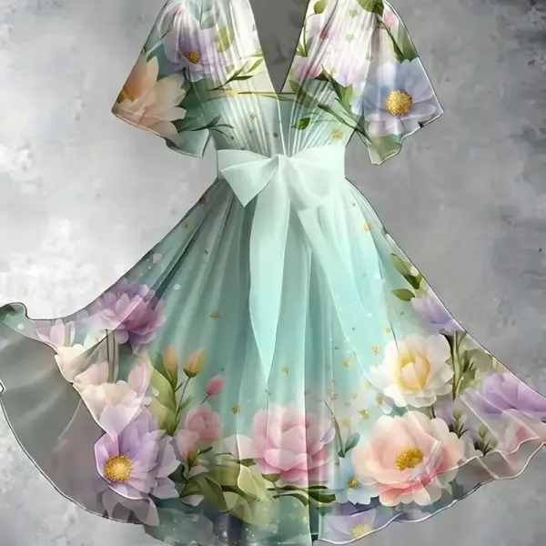 Vintage Floral Art Print V-Neck Elegant Chic