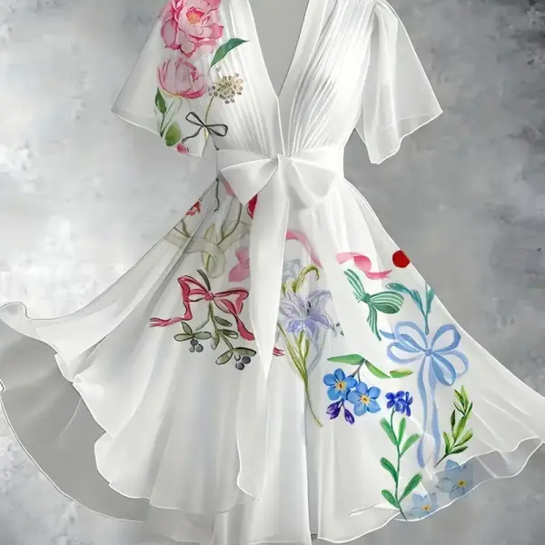 Vintage Floral Art Print V-Neck Elegant