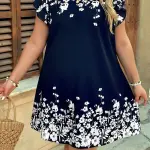 Navy Blue Floral Print Ruffled Sleeve Mini Dress