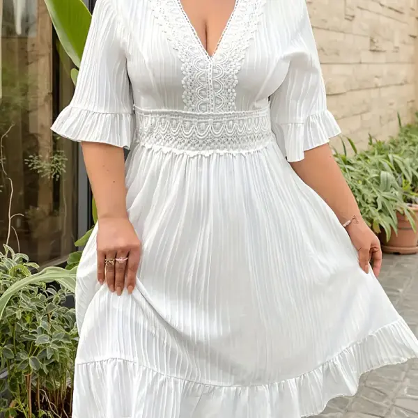 V-Neck Lace Detail Ruffle Skirt Dress