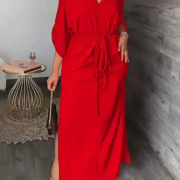 Elegant Solid Color V-Neck Maxi Dress with Side Slit