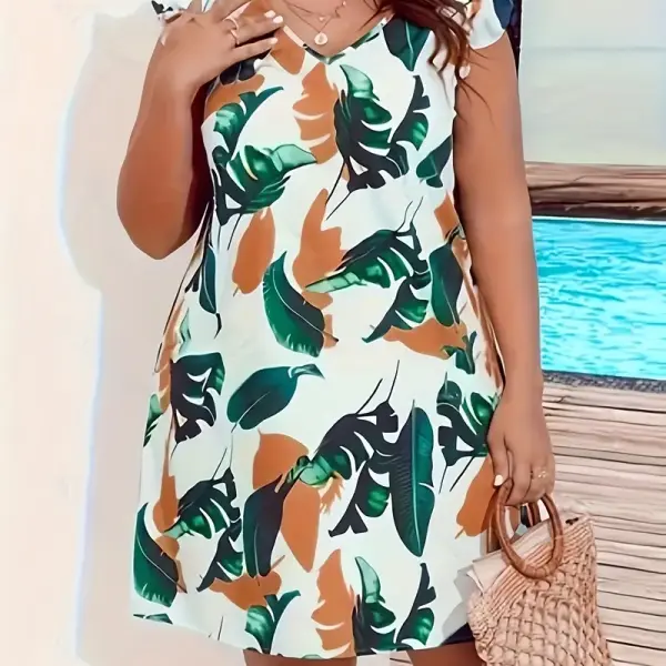 Tropical Leaf Print V-Neck Dress for Women