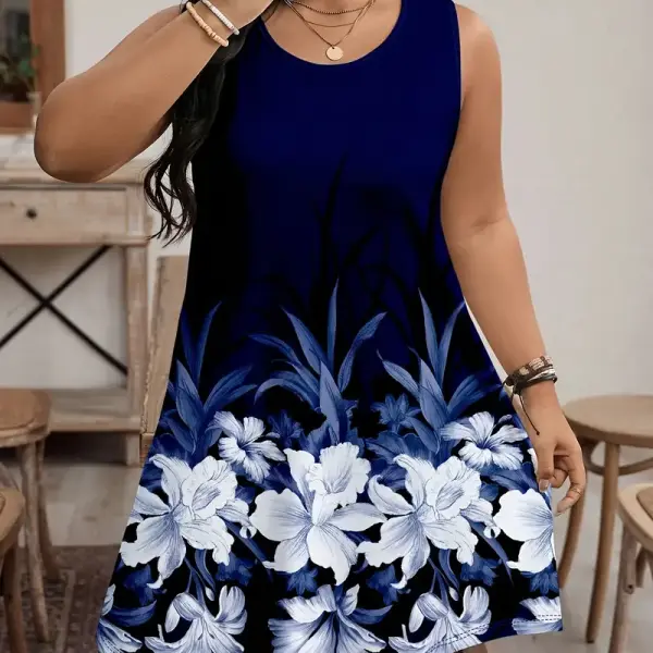 Casual Sleeveless Dress - Navy Blue & White