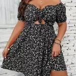 Cutout All Over Print Dress, Casual Off Shoulder Short Sleeve Dress