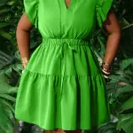 Elegant V-Neck Dress with Ruffled Short Sleeves & Elastic Waist