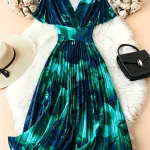 Elegant V-Neck Short Sleeve Floral Print Pleated Dress