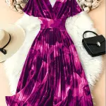 Elegant V-Neck Short Sleeve Floral Print Pleated Dress